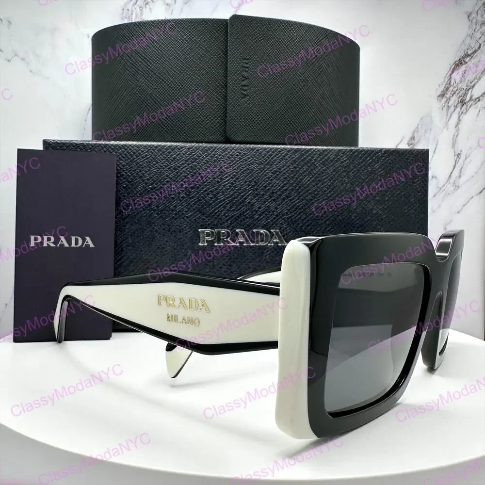 New PRADA Sunglasses Black White Talc Gold Symbole Logo Womens Rectangle